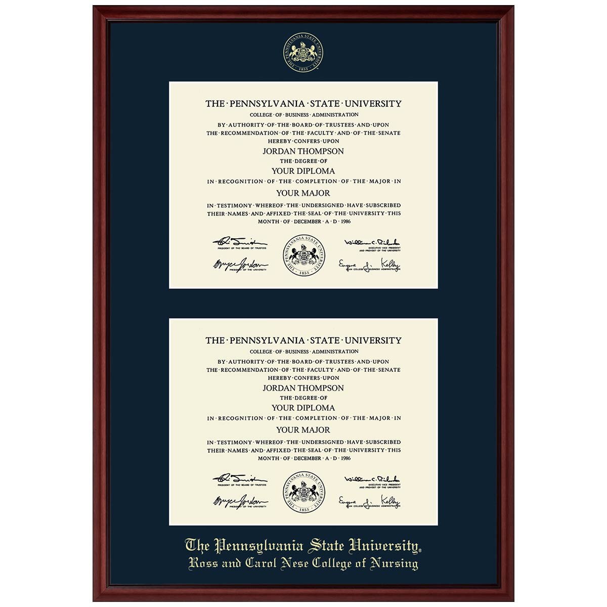 #101 Ross and Carol Nese College of Nursing double diploma frame Camby (Mahogany)